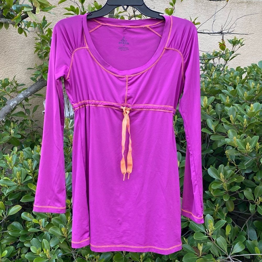 PRANA Drawstring Waist Long Sleeve Tunic Top Magenta Purple Orange Stitching XS